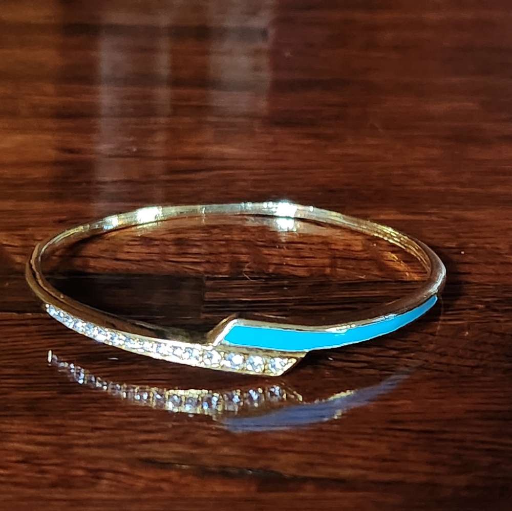 Vintage Goldtone Teal Blue Enamel Bracelet Crystal Jewelry